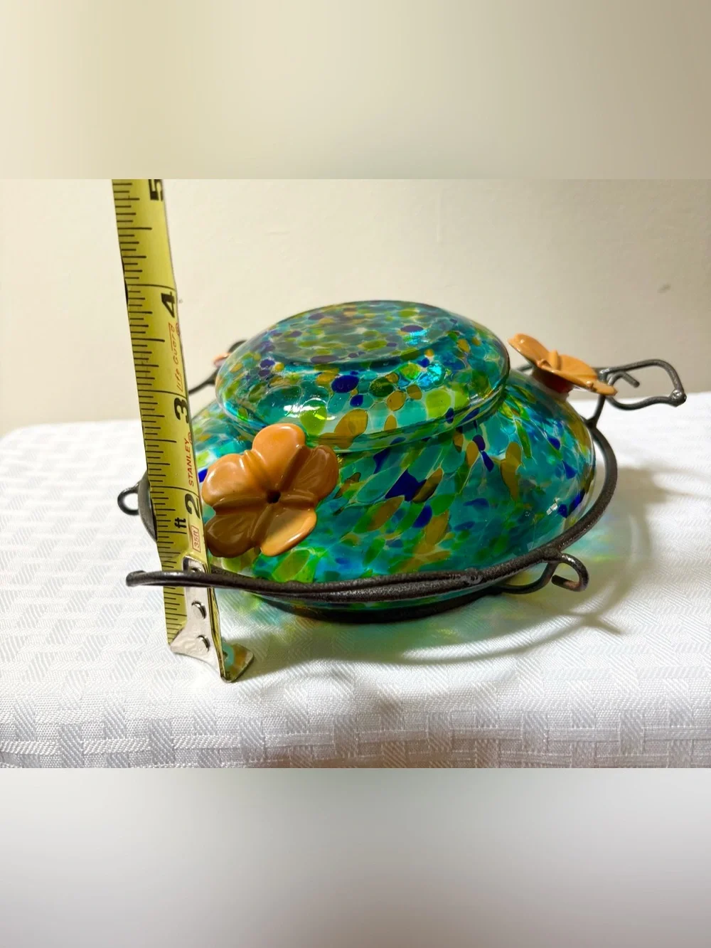 Art Glass Table Hummingbird Feeder Multi Color 3 Yellow Flowers Wire to Hang - Picture 6 of 6